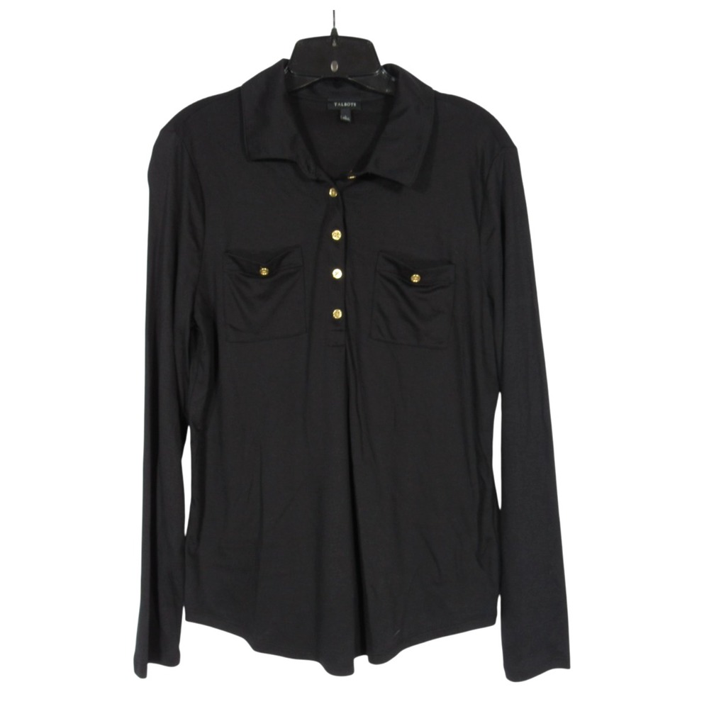 TALBOTS Soft Knit 1/4 BUTTON Pockets COLLARED Black POLO SHIRT BLOUSE Sz L
